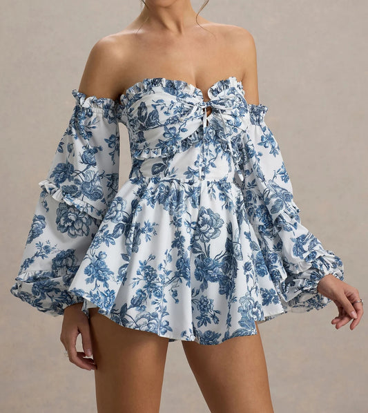 Blue Porcelain Print Ruffled Playsuit