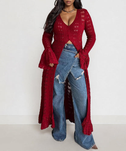 Hollow Out Knitted V Neck Long Sleeve Button Up Crochet Cardigans For Women