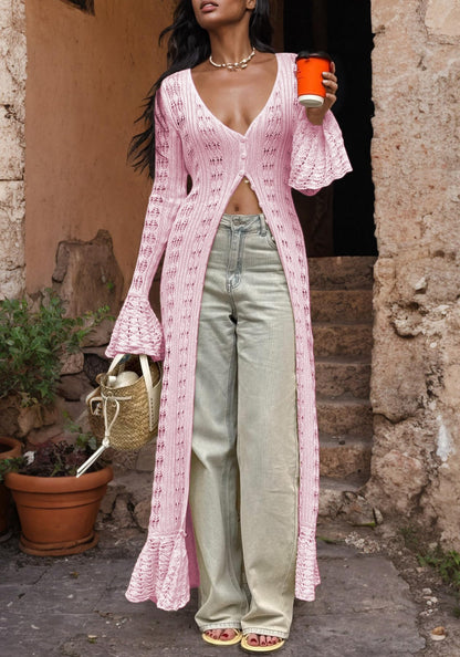 Hollow Out Knitted V Neck Long Sleeve Button Up Crochet Cardigans For Women