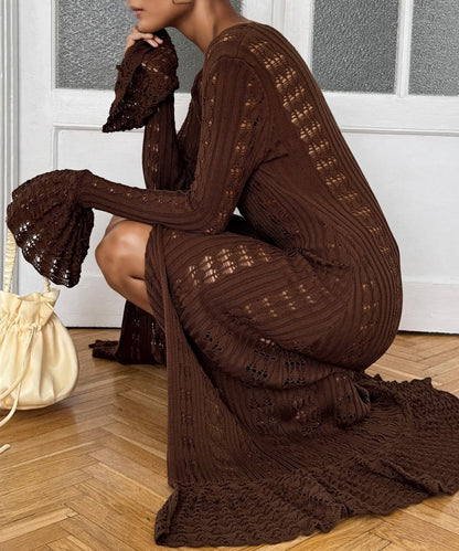 Hollow Out Knitted V Neck Long Sleeve Button Up Crochet Cardigans For Women