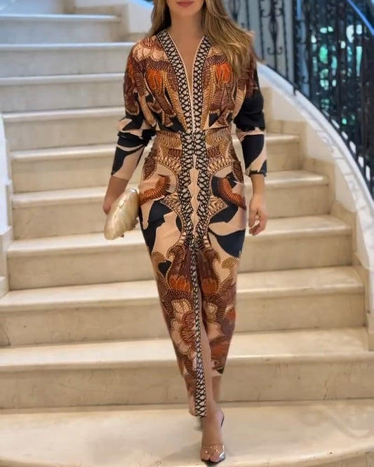 Bodycon Long Sleeve Dress Casual Plunge V Neck Ruched Midi Dress