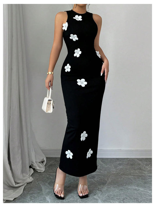 Women's 3D Floral Crewneck Sleeveless Bodycon Maxi Dress