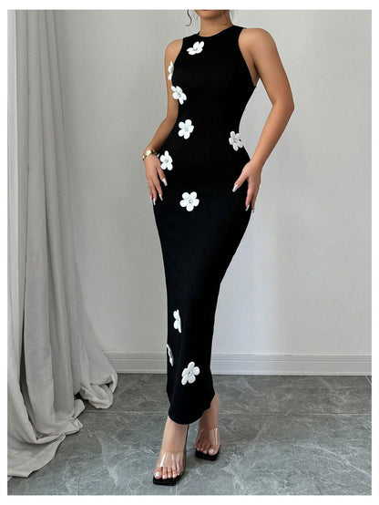 Women's 3D Floral Crewneck Sleeveless Bodycon Maxi Dress