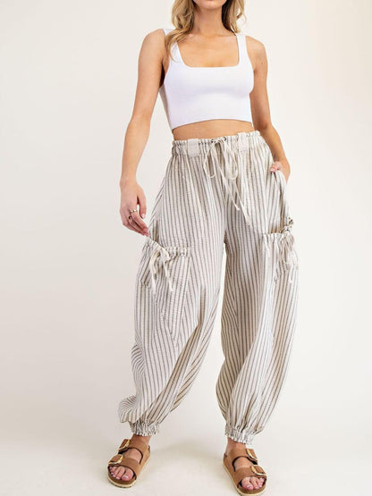 Women Drawstring Striped Pants Loose Wide Leg Casual Lounge Pants With Pockets