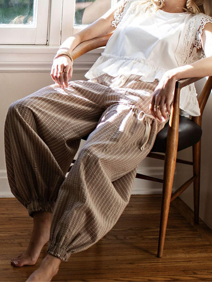 Women Drawstring Striped Pants Loose Wide Leg Casual Lounge Pants With Pockets
