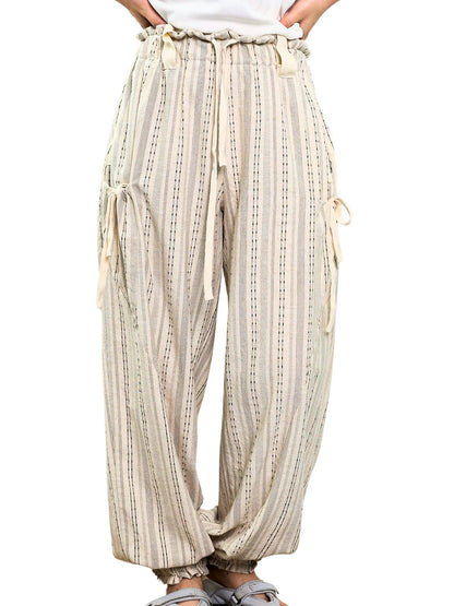 Women Drawstring Striped Pants Loose Wide Leg Casual Lounge Pants With Pockets