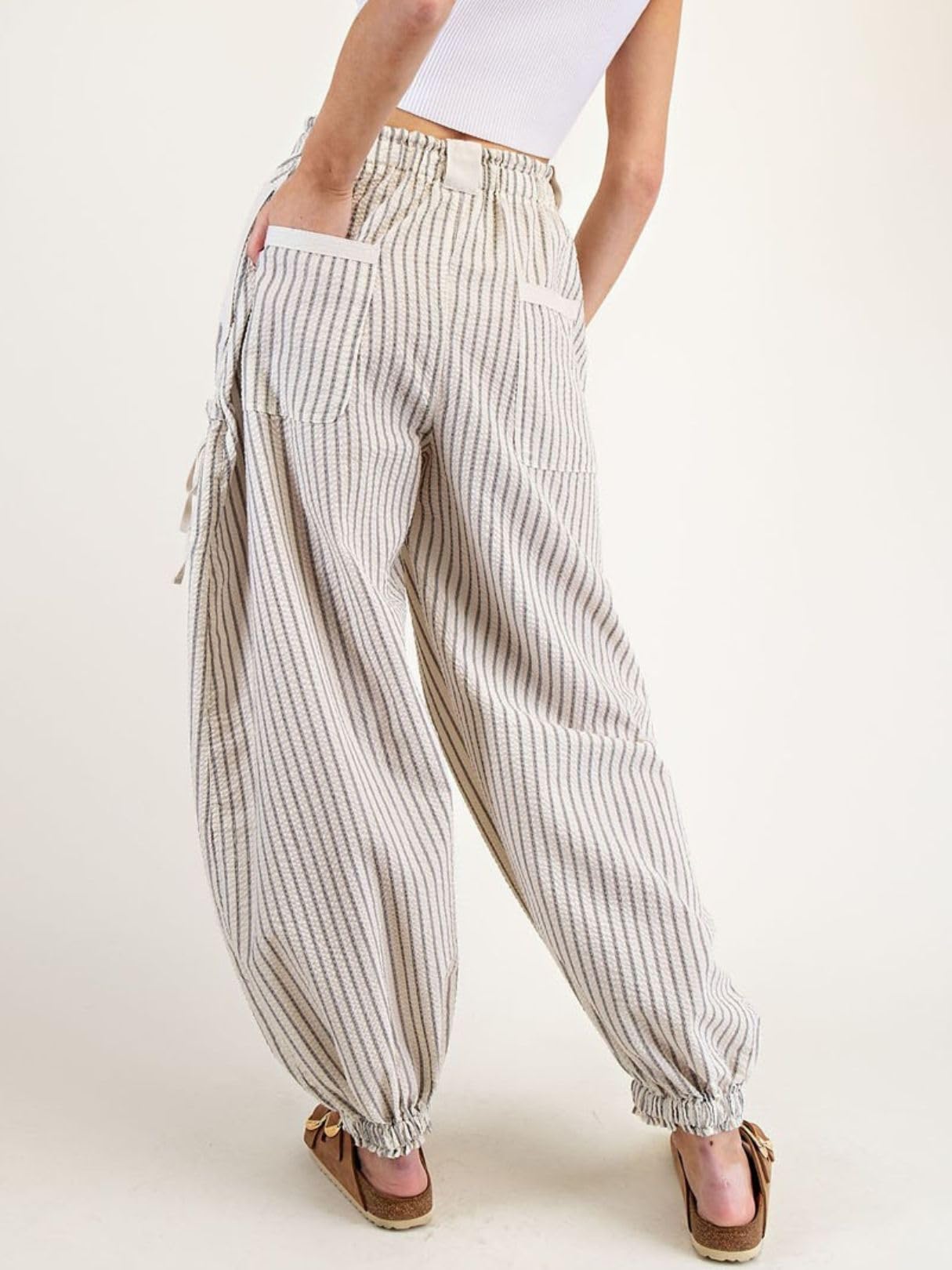 Women Drawstring Striped Pants Loose Wide Leg Casual Lounge Pants With Pockets