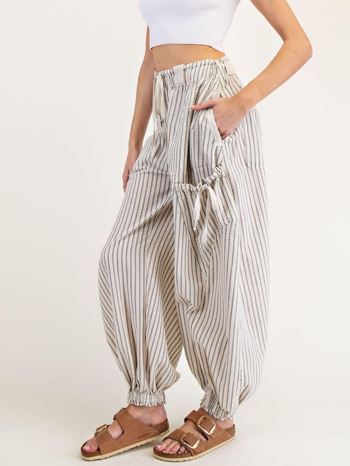 Women Drawstring Striped Pants Loose Wide Leg Casual Lounge Pants With Pockets