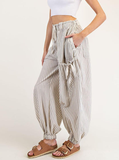 Women Drawstring Striped Pants Loose Wide Leg Casual Lounge Pants With Pockets