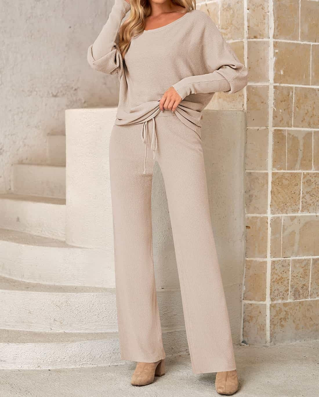 Womens 2 Piece Outfits One-Shoulder Pullover Top Wide Leg Pants Sweatsuit