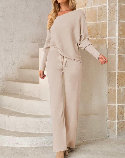 Womens 2 Piece Outfits One-Shoulder Pullover Top Wide Leg Pants Sweatsuit