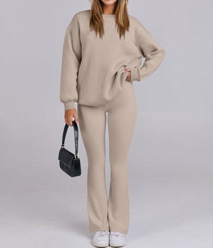 Women Oversized Fleece Crewneck Sweatshirts Flare Pants 2 Piece Lounge Set