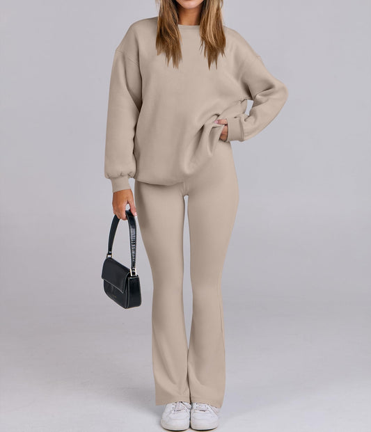 Women Oversized Fleece Crewneck Sweatshirts Flare Pants 2 Piece Lounge Set