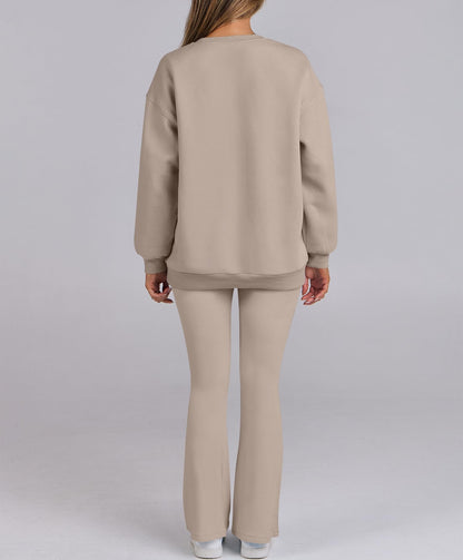 Women Oversized Fleece Crewneck Sweatshirts Flare Pants 2 Piece Lounge Set