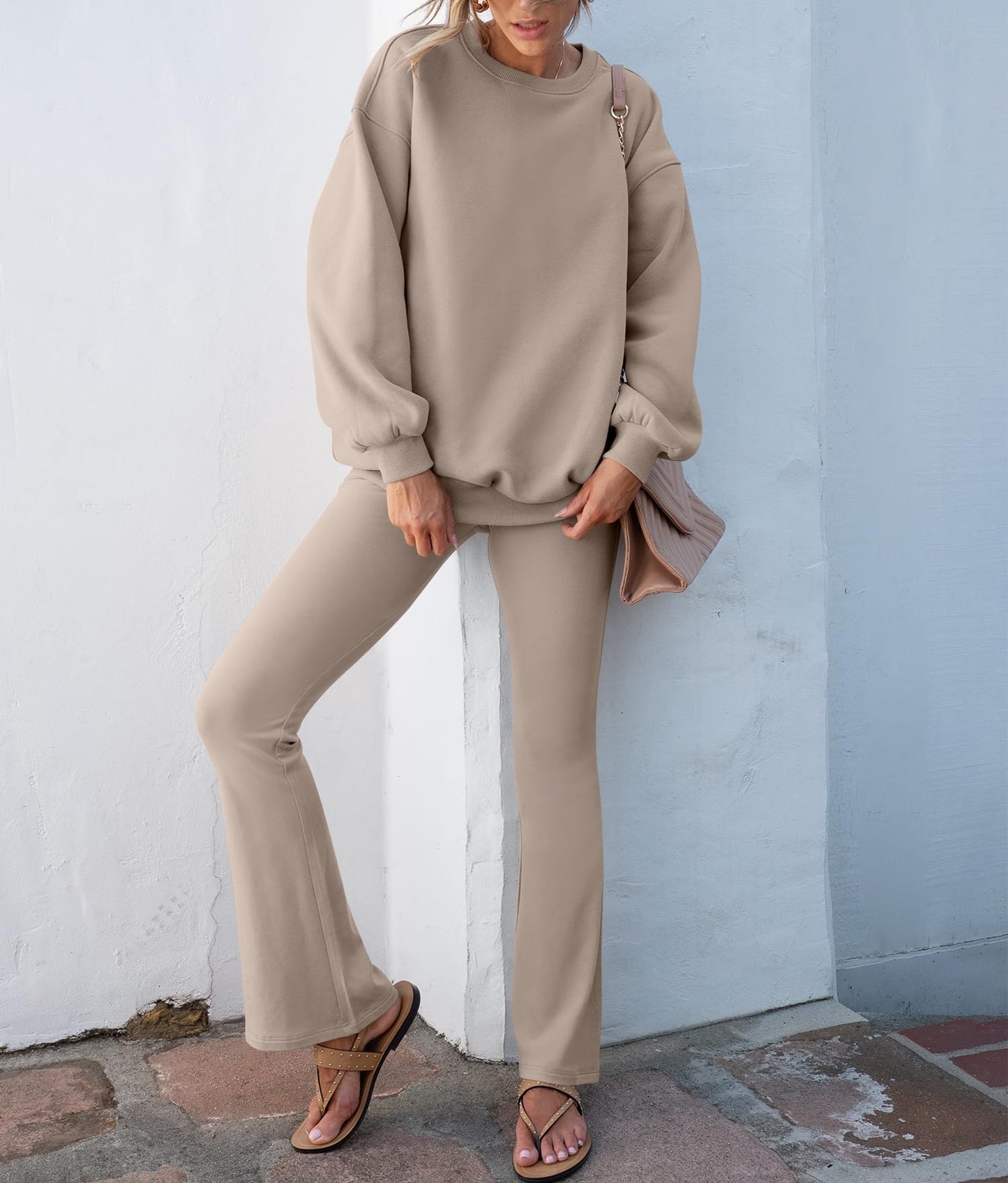 Women Oversized Fleece Crewneck Sweatshirts Flare Pants 2 Piece Lounge Set