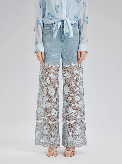 Elegant Rhinestone Lace Denim Jeans