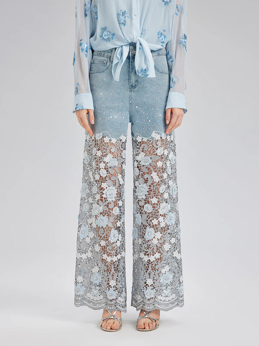 Elegant Rhinestone Lace Denim Jeans