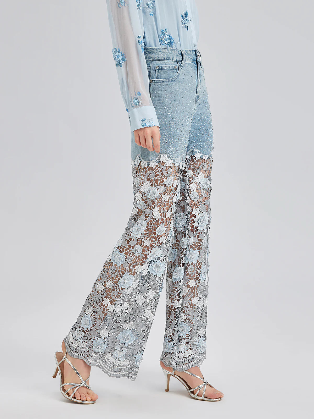 Elegant Rhinestone Lace Denim Jeans