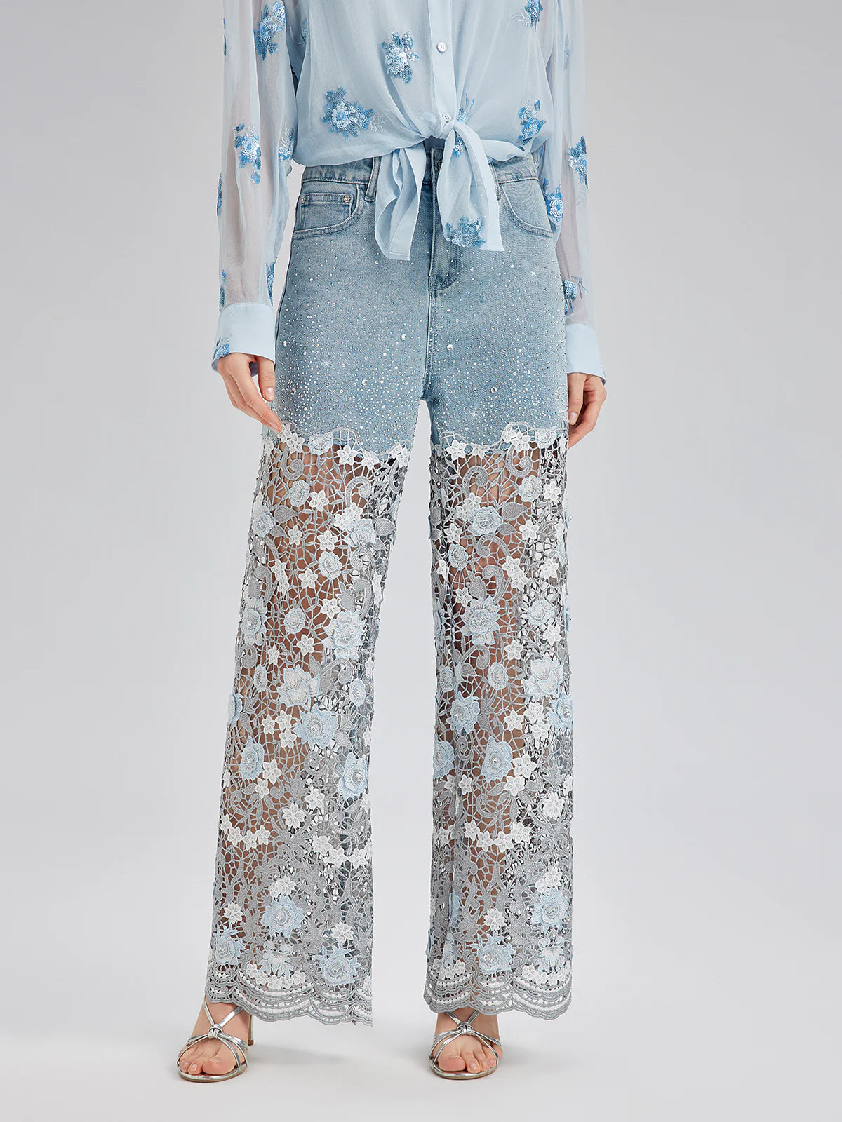 Elegant Rhinestone Lace Denim Jeans