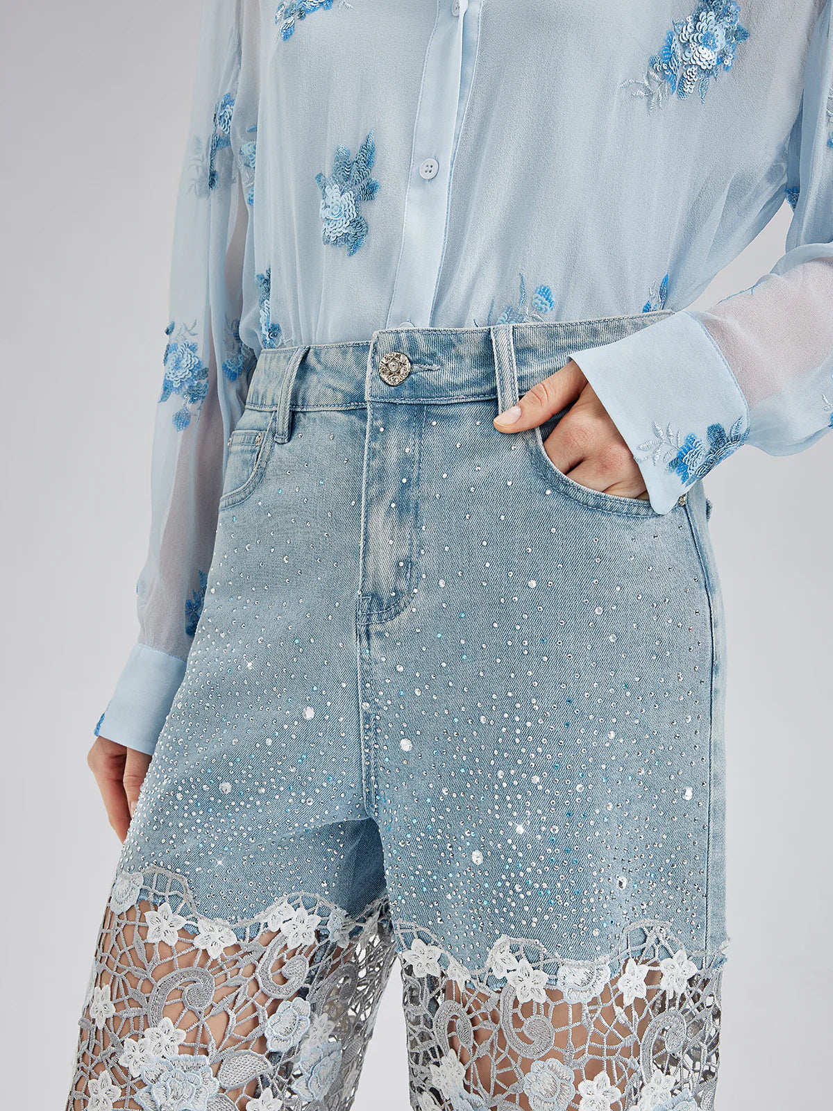 Elegant Rhinestone Lace Denim Jeans