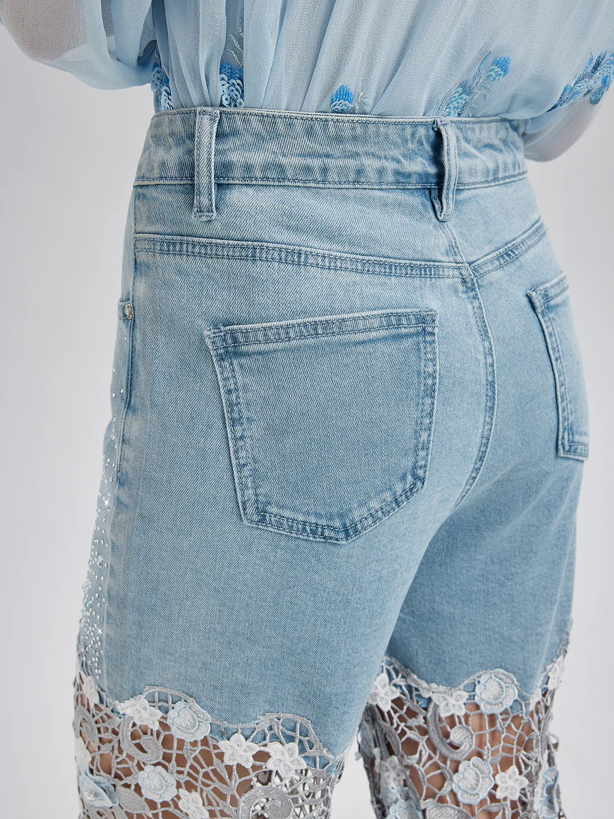 Elegant Rhinestone Lace Denim Jeans