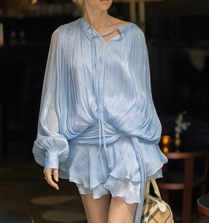 Flowy Chiffon Hollow Out Long Sleeve Dress