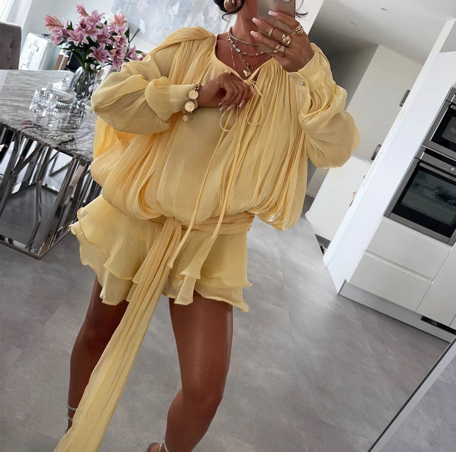 Flowy Chiffon Hollow Out Long Sleeve Dress
