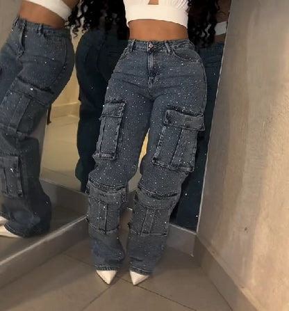 Women's Multi-Pocket Rhinestone Casual Jeans