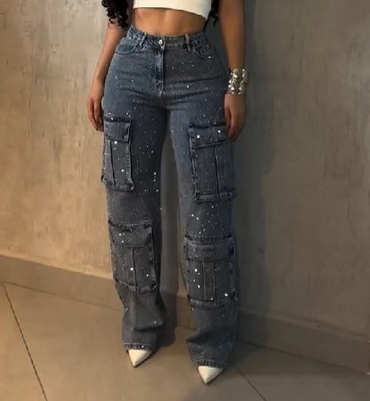 Women's Multi-Pocket Rhinestone Casual Jeans