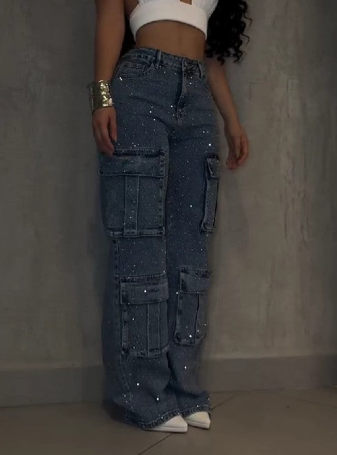 Women's Multi-Pocket Rhinestone Casual Jeans