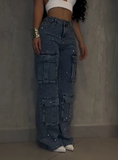 Women's Multi-Pocket Rhinestone Casual Jeans