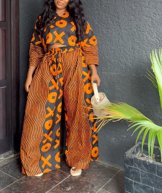 Fashion Printed V-Neck Hoodie Wide-Leg Pants Two-Piece Set