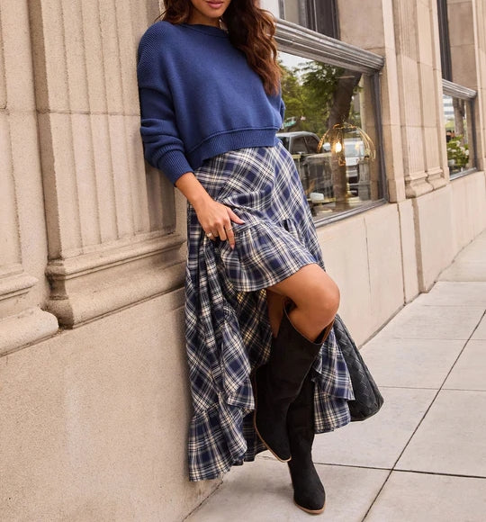 Plaid High Low Midi Skirt