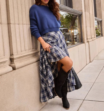 Plaid High Low Midi Skirt