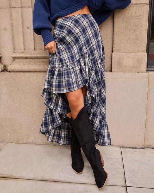 Plaid High Low Midi Skirt