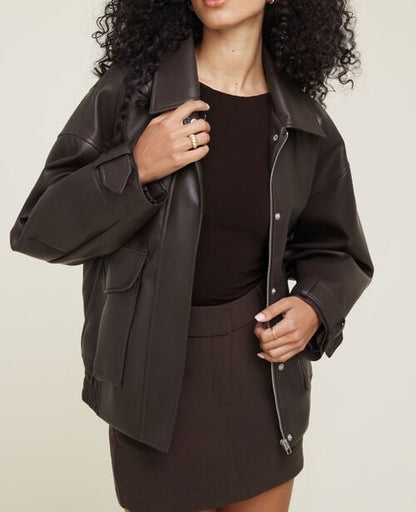 Oversized Faux Leather Aviator Jacket