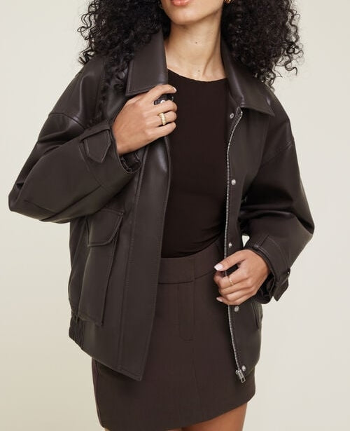 Oversized Faux Leather Aviator Jacket