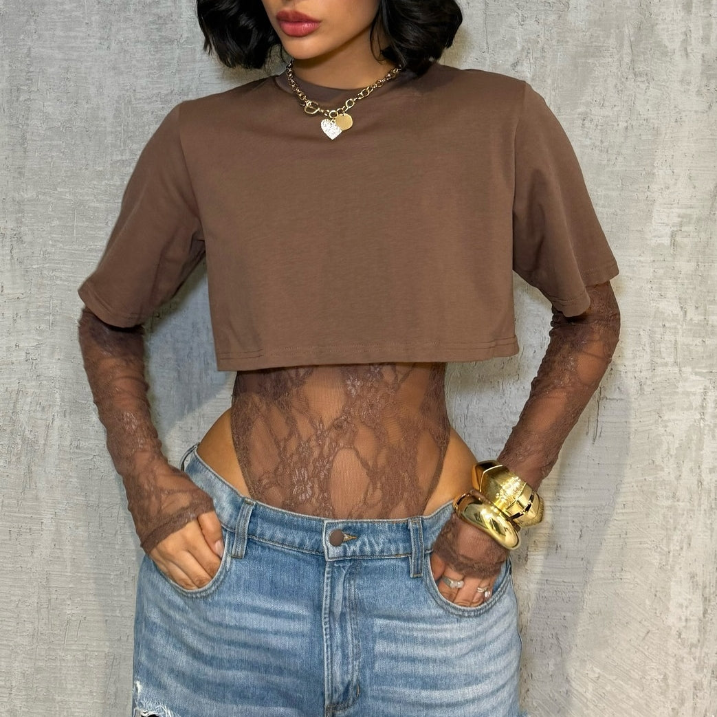 Sexy Round Neck T-shirt Lace Romper