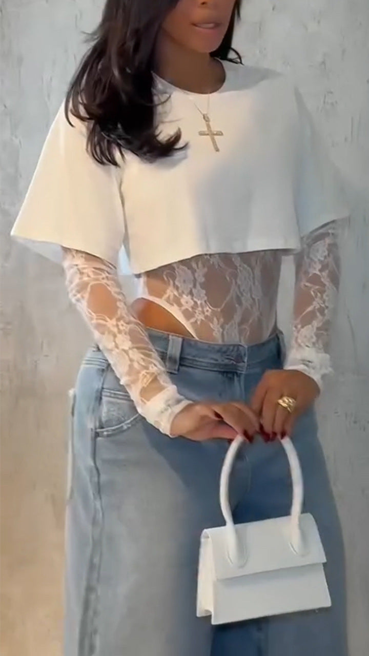 Sexy Round Neck T-shirt Lace Romper