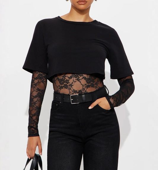 Sexy Round Neck T-shirt Lace Romper