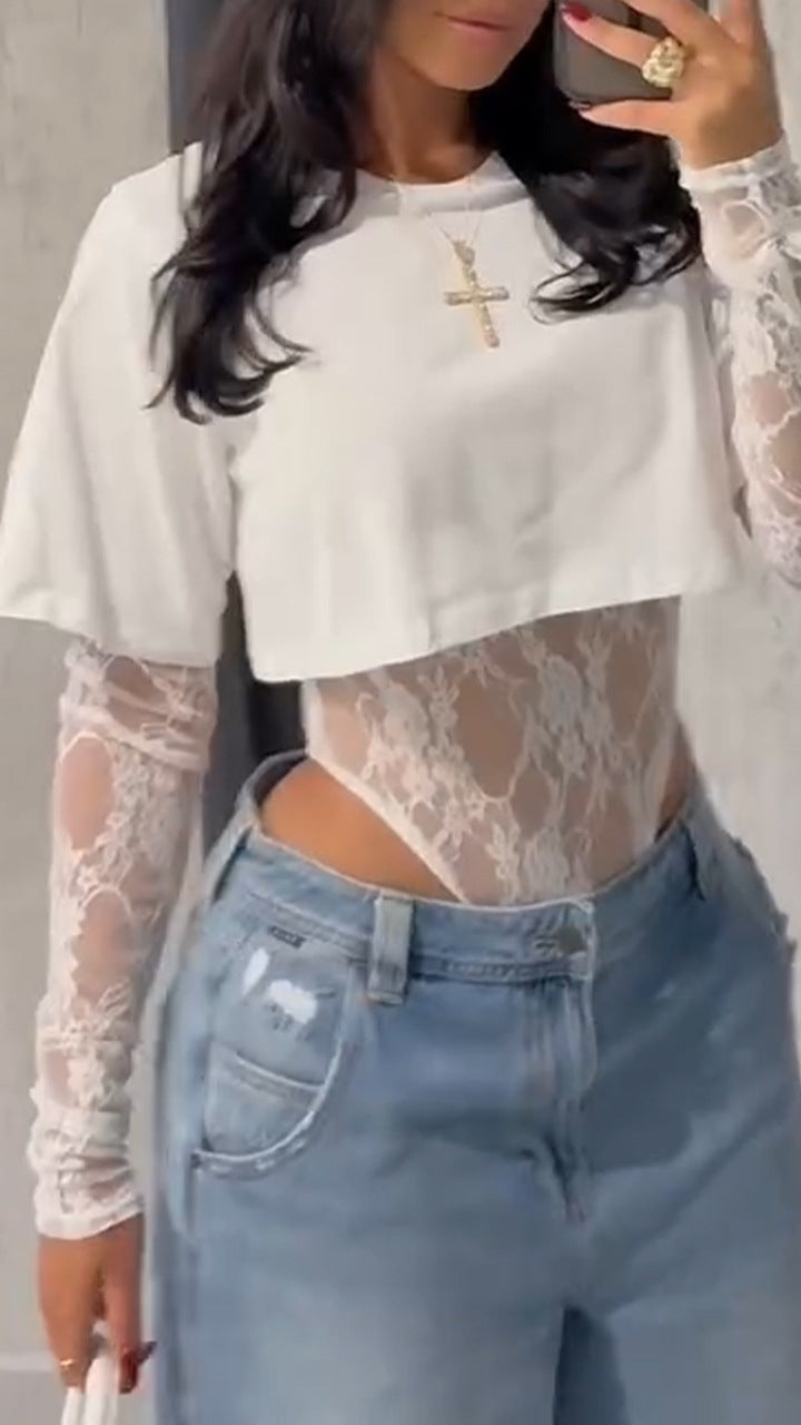 Sexy Round Neck T-shirt Lace Romper
