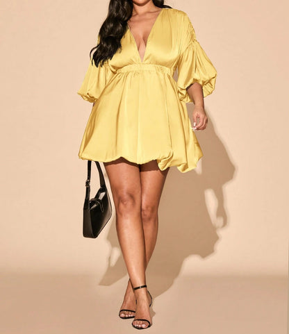 Deep V-Neck Bud Shape Elastic Waist Mini Dress