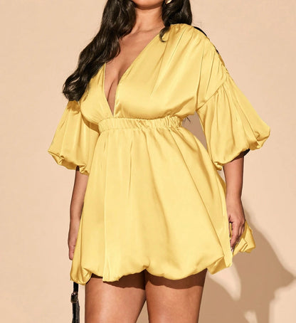 Deep V-Neck Bud Shape Elastic Waist Mini Dress