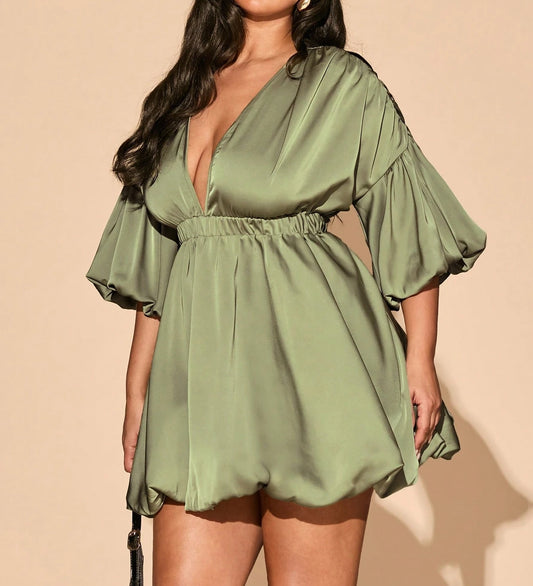 Deep V-Neck Bud Shape Elastic Waist Mini Dress