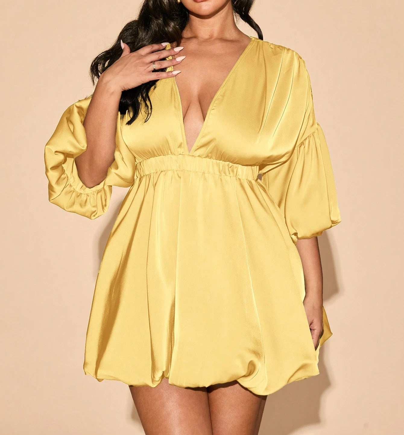 Deep V-Neck Bud Shape Elastic Waist Mini Dress