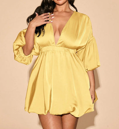 Deep V-Neck Bud Shape Elastic Waist Mini Dress