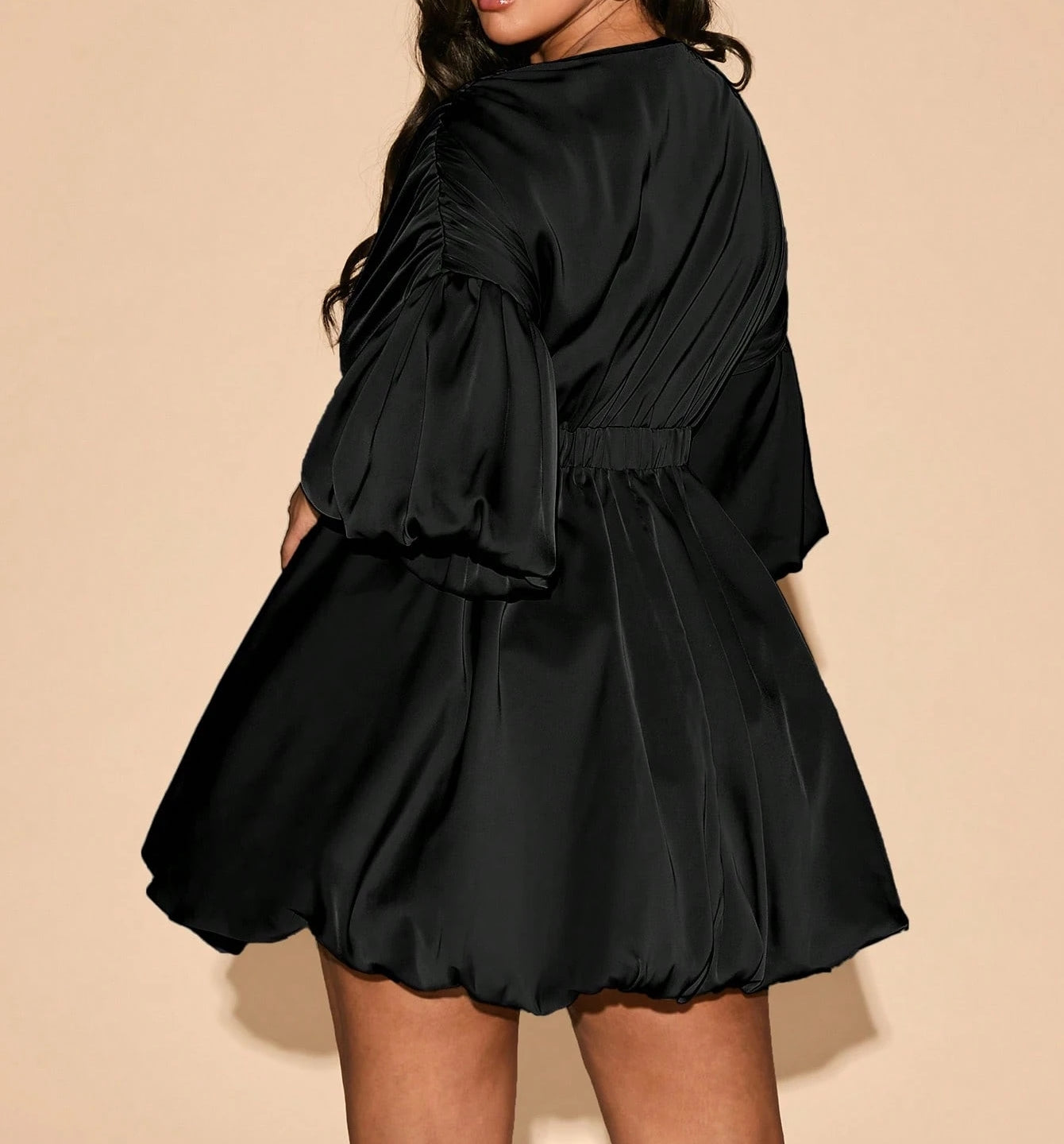 Deep V-Neck Bud Shape Elastic Waist Mini Dress