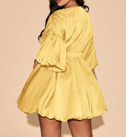 Deep V-Neck Bud Shape Elastic Waist Mini Dress