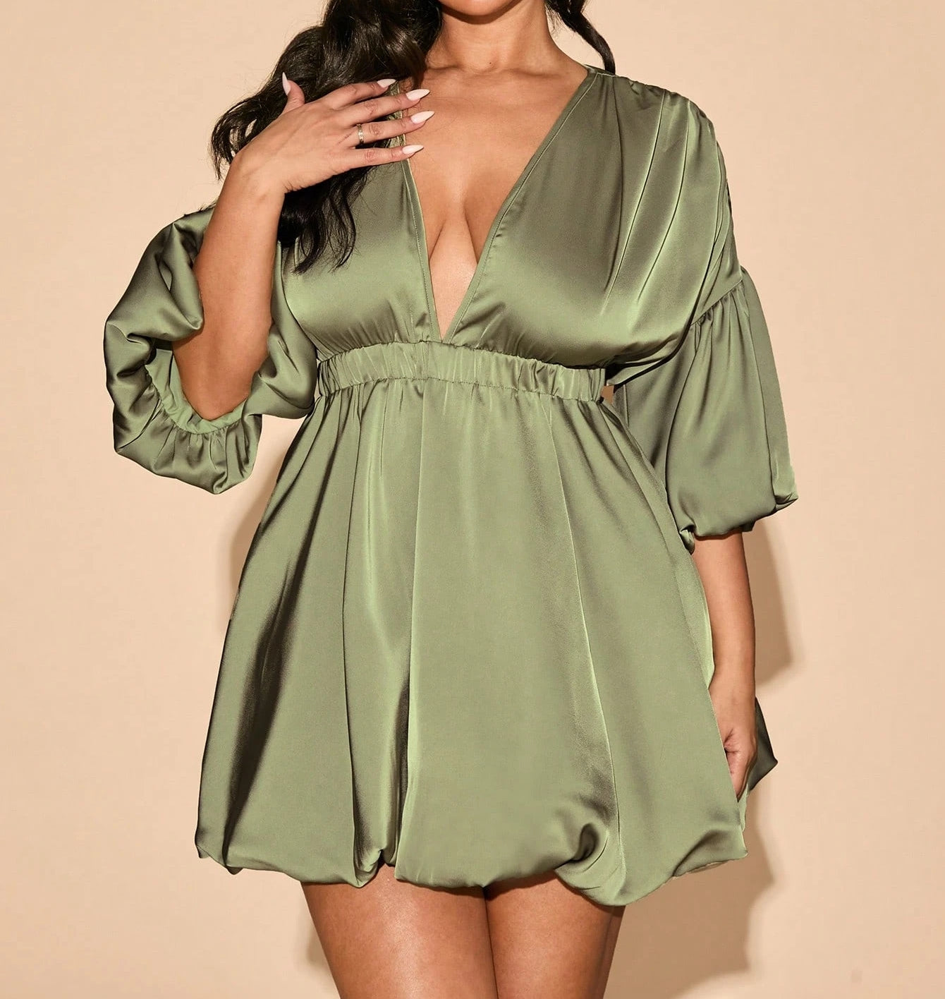 Deep V-Neck Bud Shape Elastic Waist Mini Dress