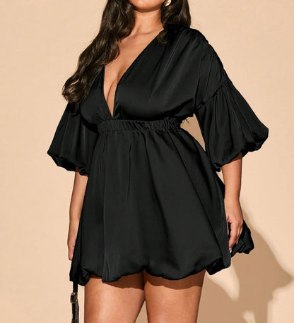 Deep V-Neck Bud Shape Elastic Waist Mini Dress